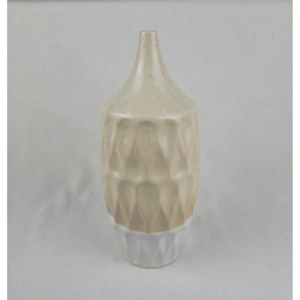 Modern Two Tone Geometric Ceramic Vase Textured Tan and White 11.25 Inch Decor‎